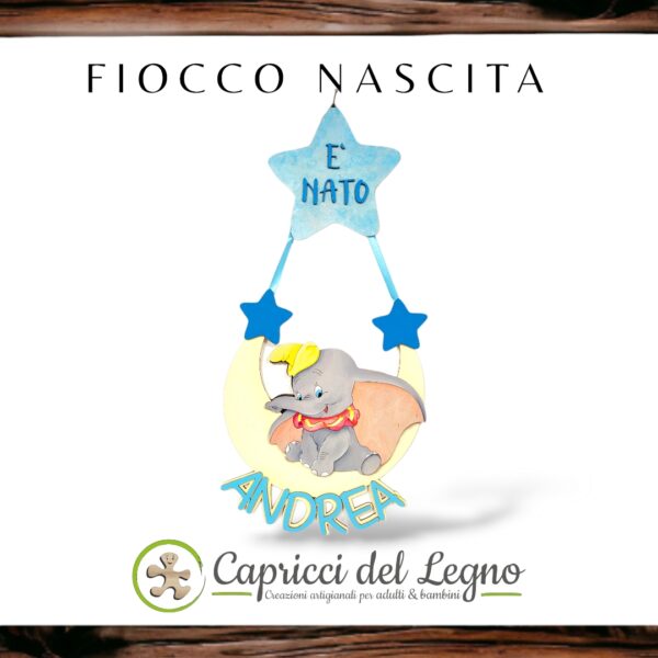 Dumbo su luna con stella E’ nato - Fiocco Nascita