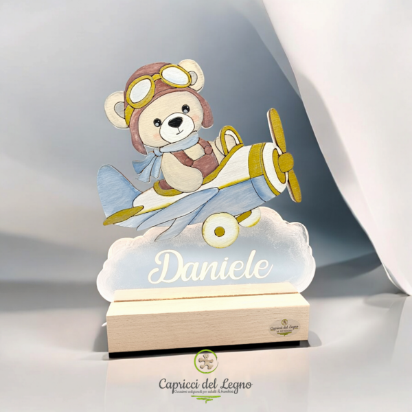 Orso aviatore _ Lampada led legno e plexiglass