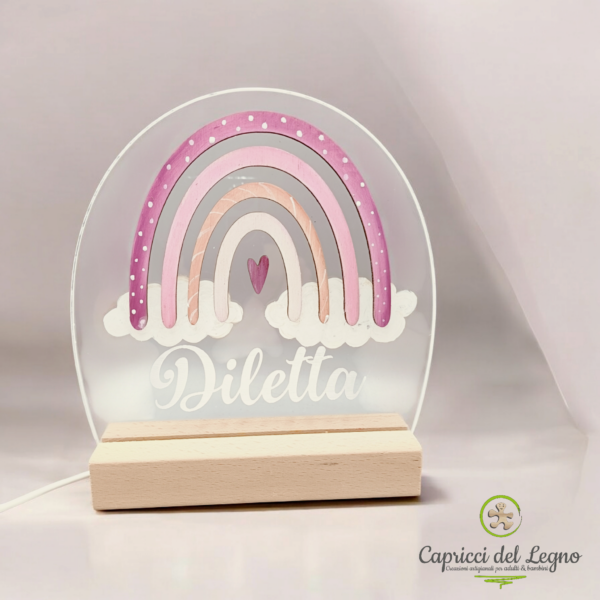 Arcobaleno rosa _ Lampada base led legno e plexiglass